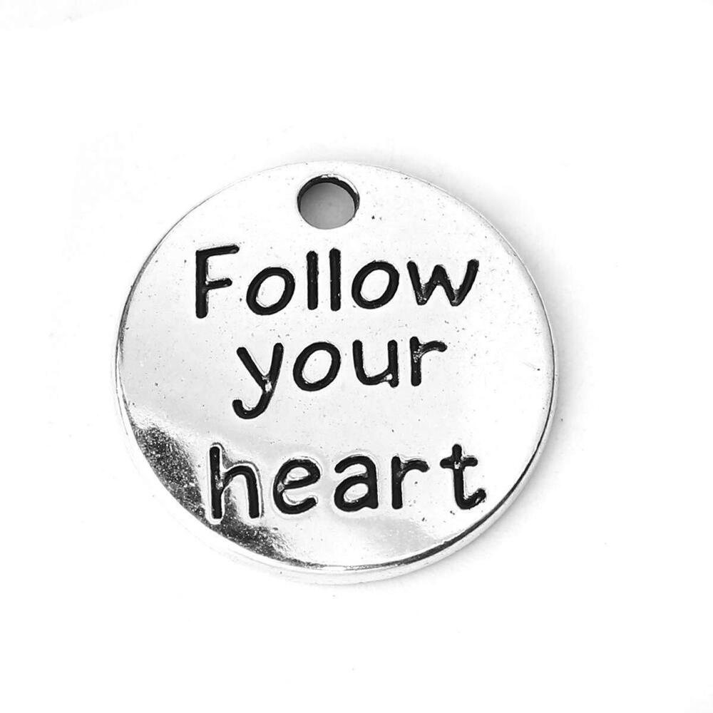 6624 30pc Antiqued Silver Alloy Message Follow Your Heart Round Charms